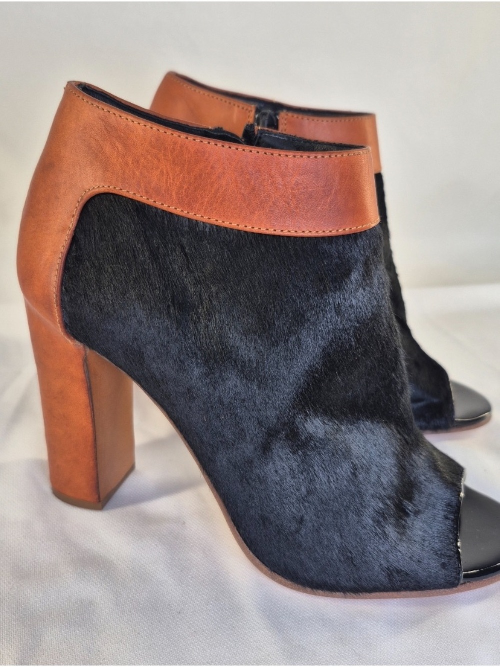 Chloe Black and Tan Open-Toe Ankle Bootie Heel